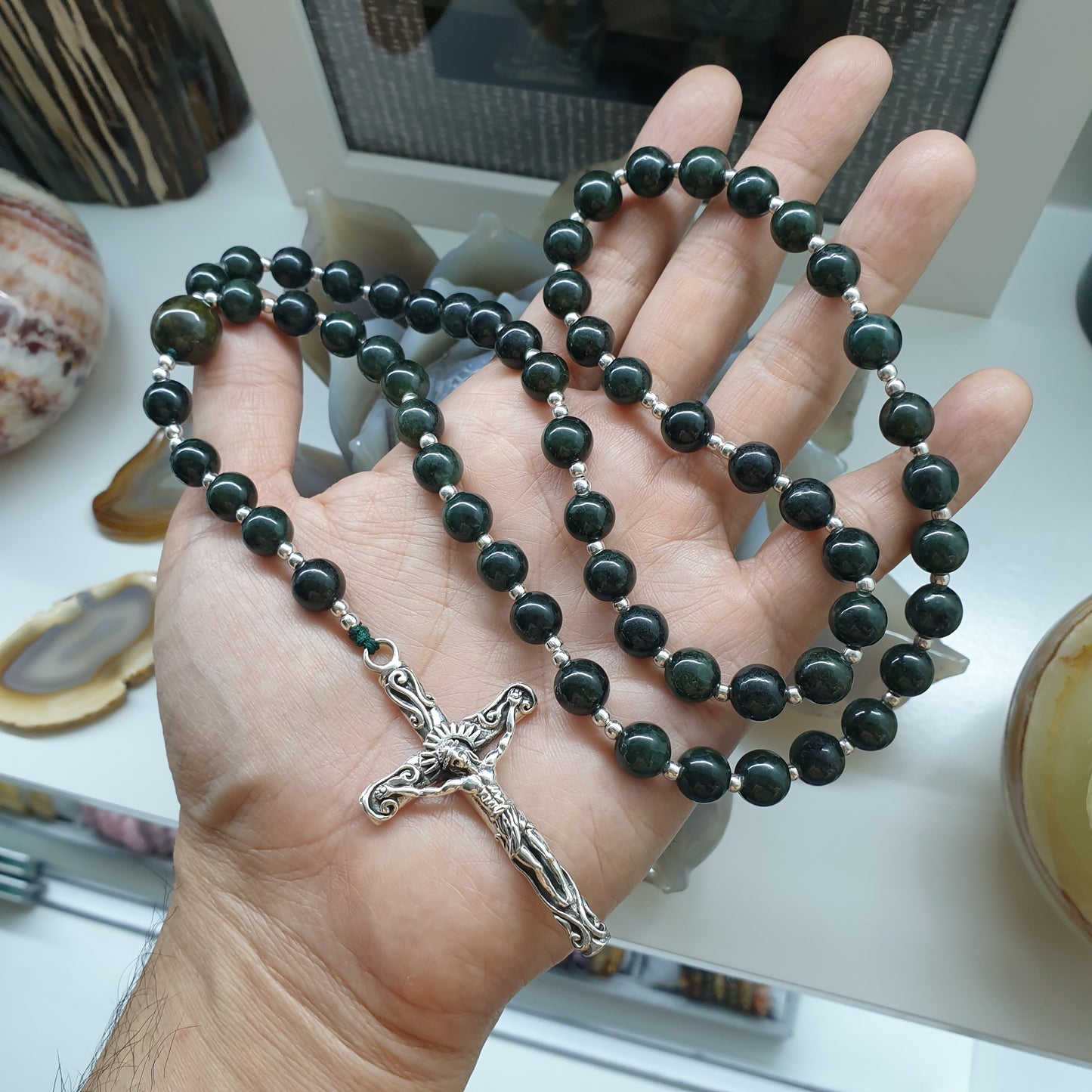Jade Rosary Necklace 30inch - Black-Green Beads, Type A Natural  Jadeite
