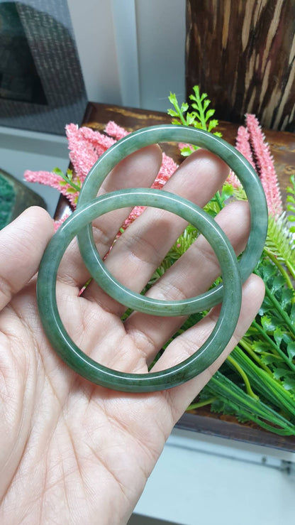 Paired Cylindrical Jade Bangles S58.5 Type A Marbled Green Myanmar Jadeite
