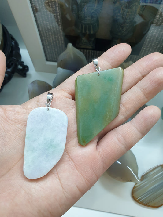 Freeform Jade Dog Tag Pendant (Selection) | Fei Cui - Type A Jadeite | Authentic Sterling Silver