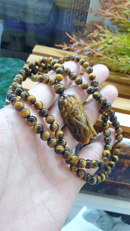Tiger Eye Cicada Luckycharm Necklace 26inch Natural Gemstone Handcrafted Jewelry