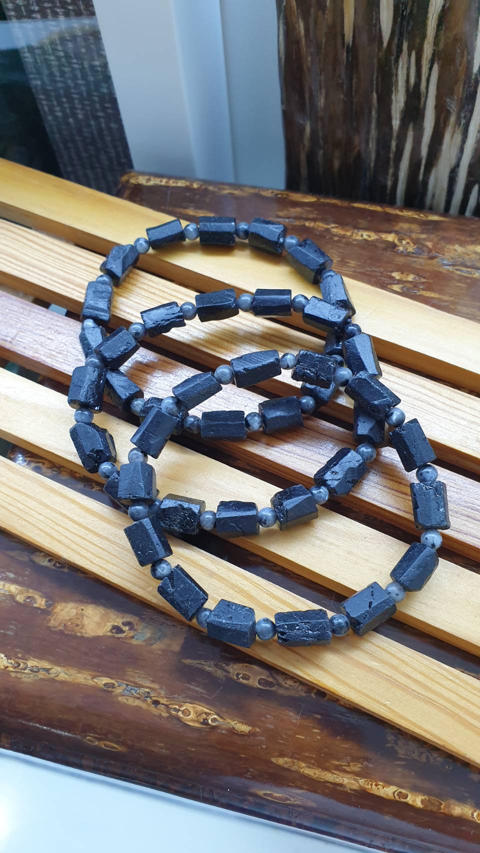Black Tourmaline Stretch Bracelets 17cm, Natural Gemstone Rugged Cylinder Beads