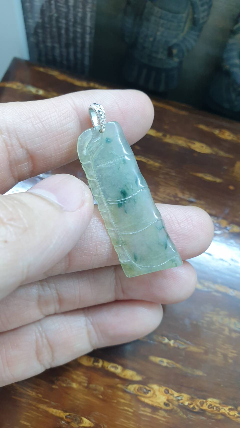 Jade Bamboo Pendant | Fei Cui - Type A Jadeite | Sterling Silver Bail