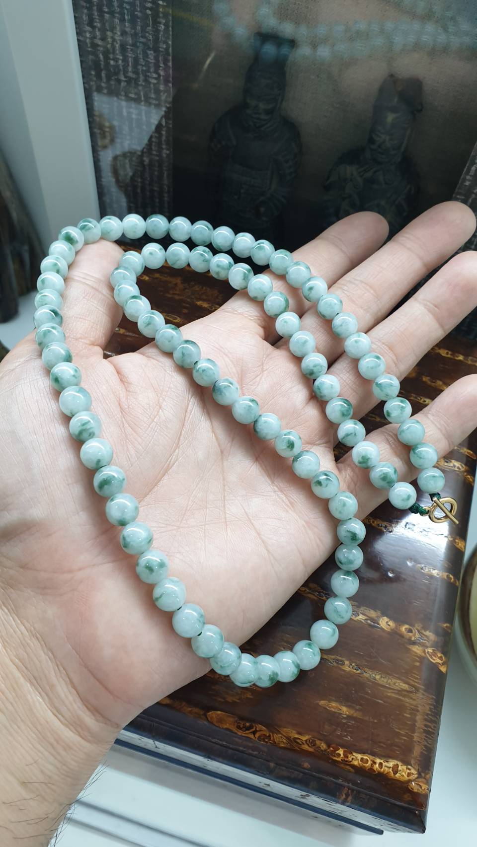 Moss in Snow Jade Beads Necklace (25") | 9K Gold Toggle | Type A Natural Jadeite Vintage Beads