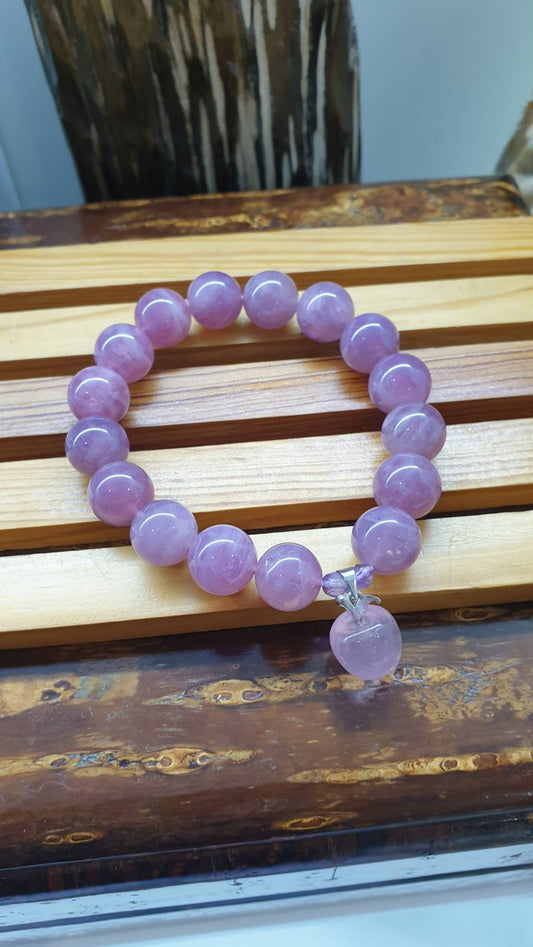 Rose Quartz Bracelet  17 cm - Natural Purple Beads and Cute Apple Charm