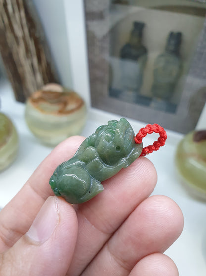 Glossy Green Jade Pixiu Pendant Natural Type A Jadeite with Thread Bail