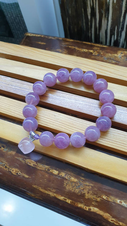 Rose Quartz Bracelet  17 cm - Natural Purple Beads and Cute Apple Charm