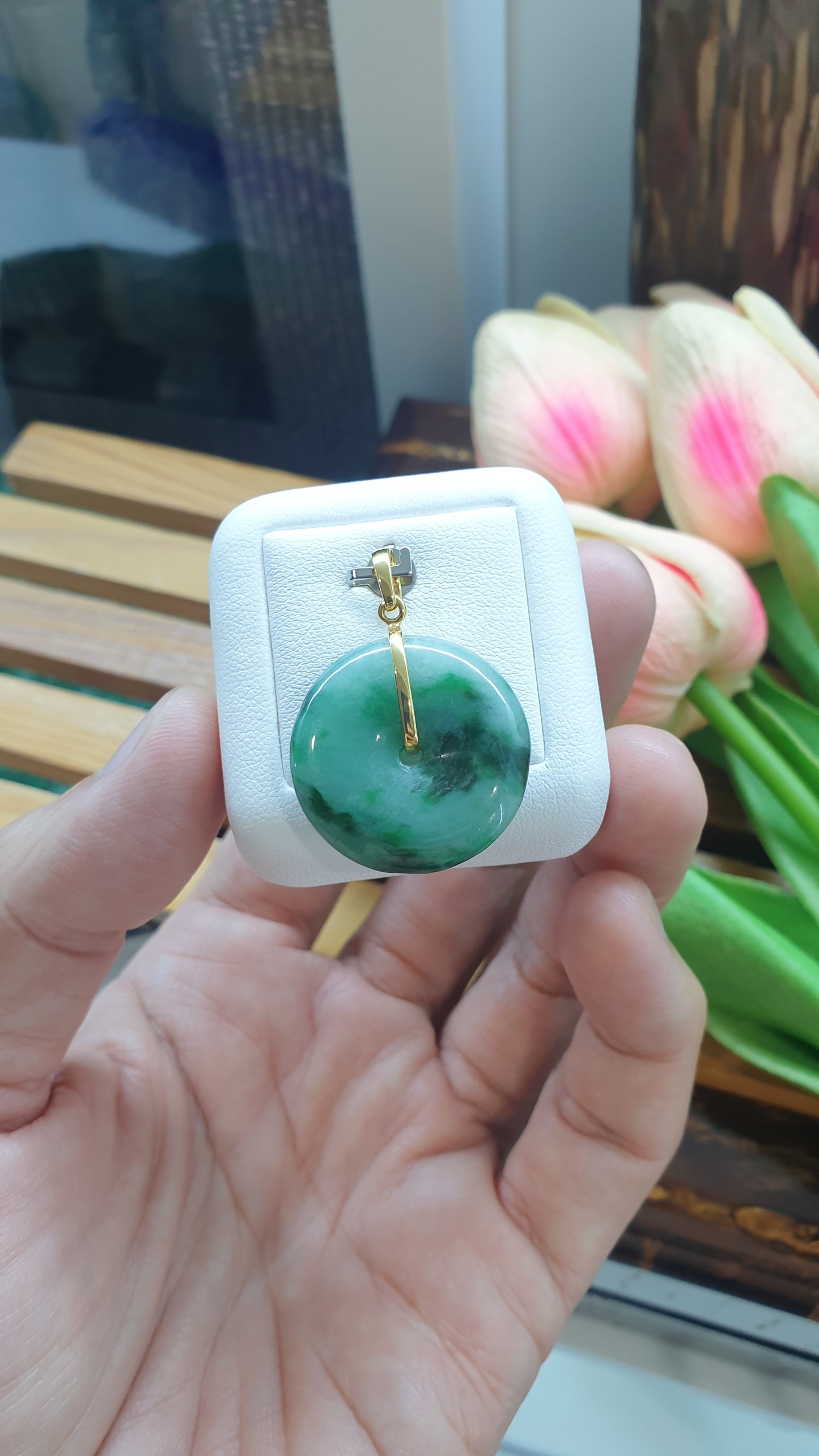 18K Gold Jade Ping An Kou Pendant Natural Green Type A Myanmar Jadeite