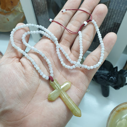 Jade Cross on White Jade beaded Necklace (18") | Fei Cui Type A Jadeite