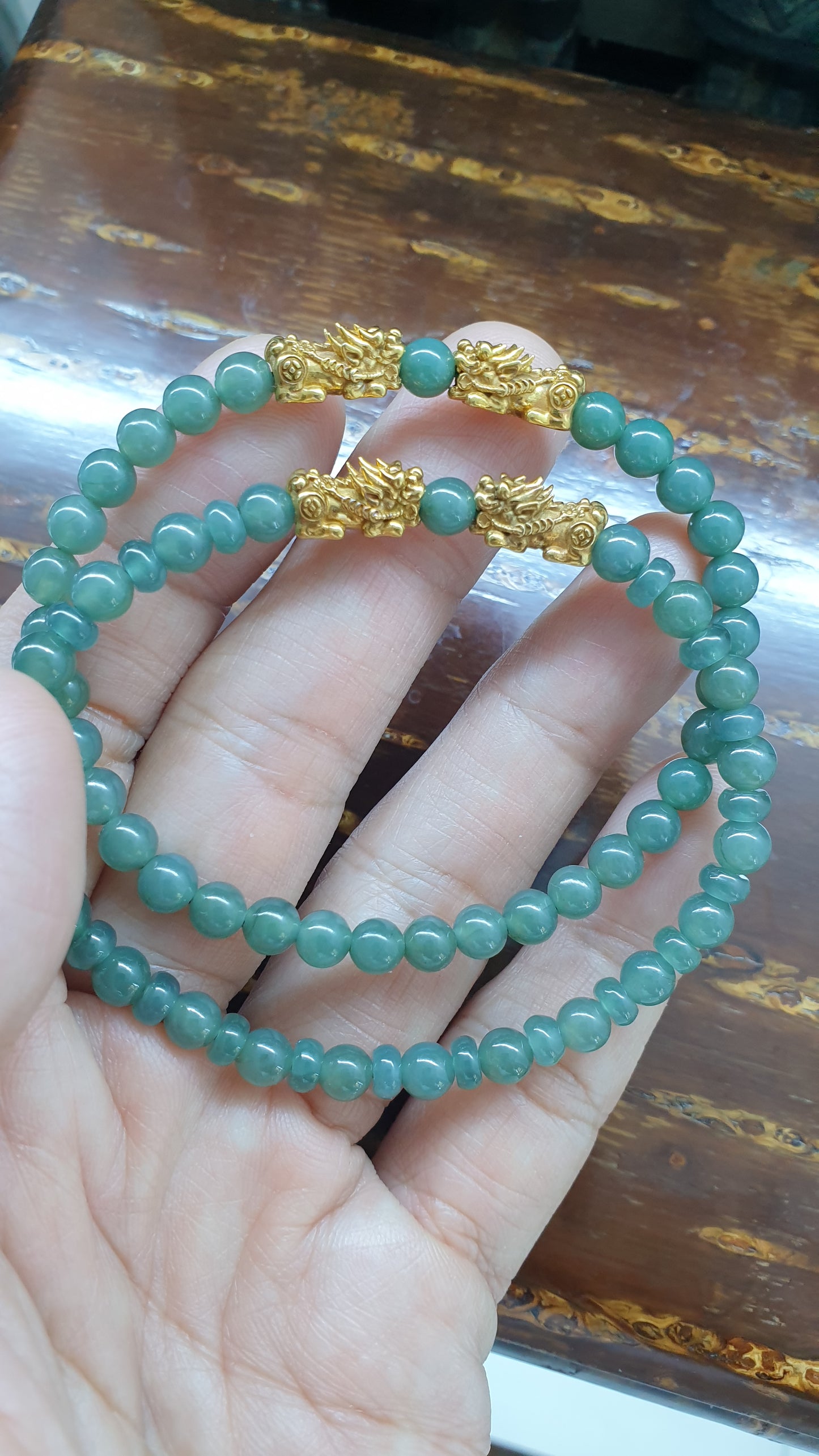 Fortune Dragon Wealth Bracelets | Solid 9K Gold Pixiu | Fei Cui - Type A Jadeite Beads