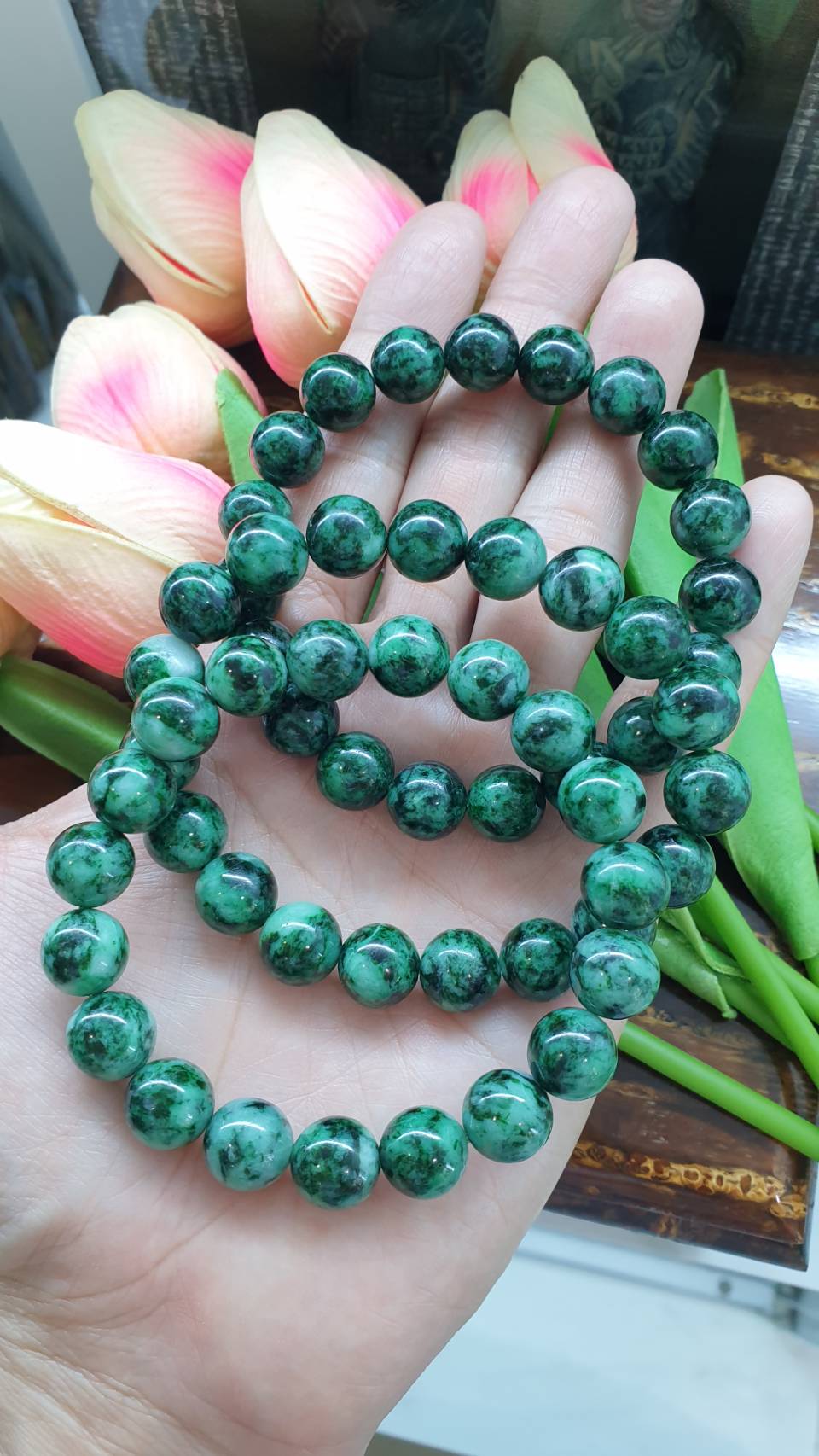 Natural Marbled Green Jadeite Bracelet 18cm with 11mm Beads - Selection