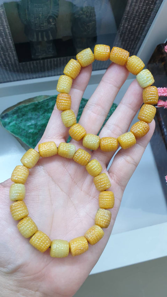Gent's Honey Jade Bracelet 18cm Hammered Beads Type A Myanmar Jadeite