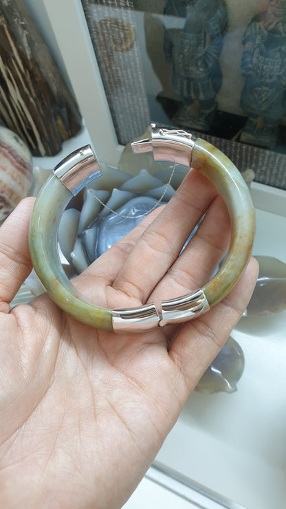 Hok Lok Siew Jade Split Bangle (S 63) | Sterling Silver | Authentic Fei Cui Jade | Eye Candy Wrist Accessory for Him or Her