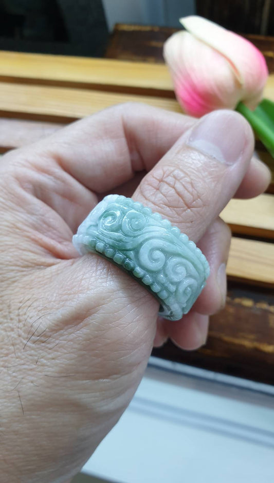 Vintage Ru Yi Jade Archer's Ring 14.5 US - Type A Natural Jadeite, Marbled Green