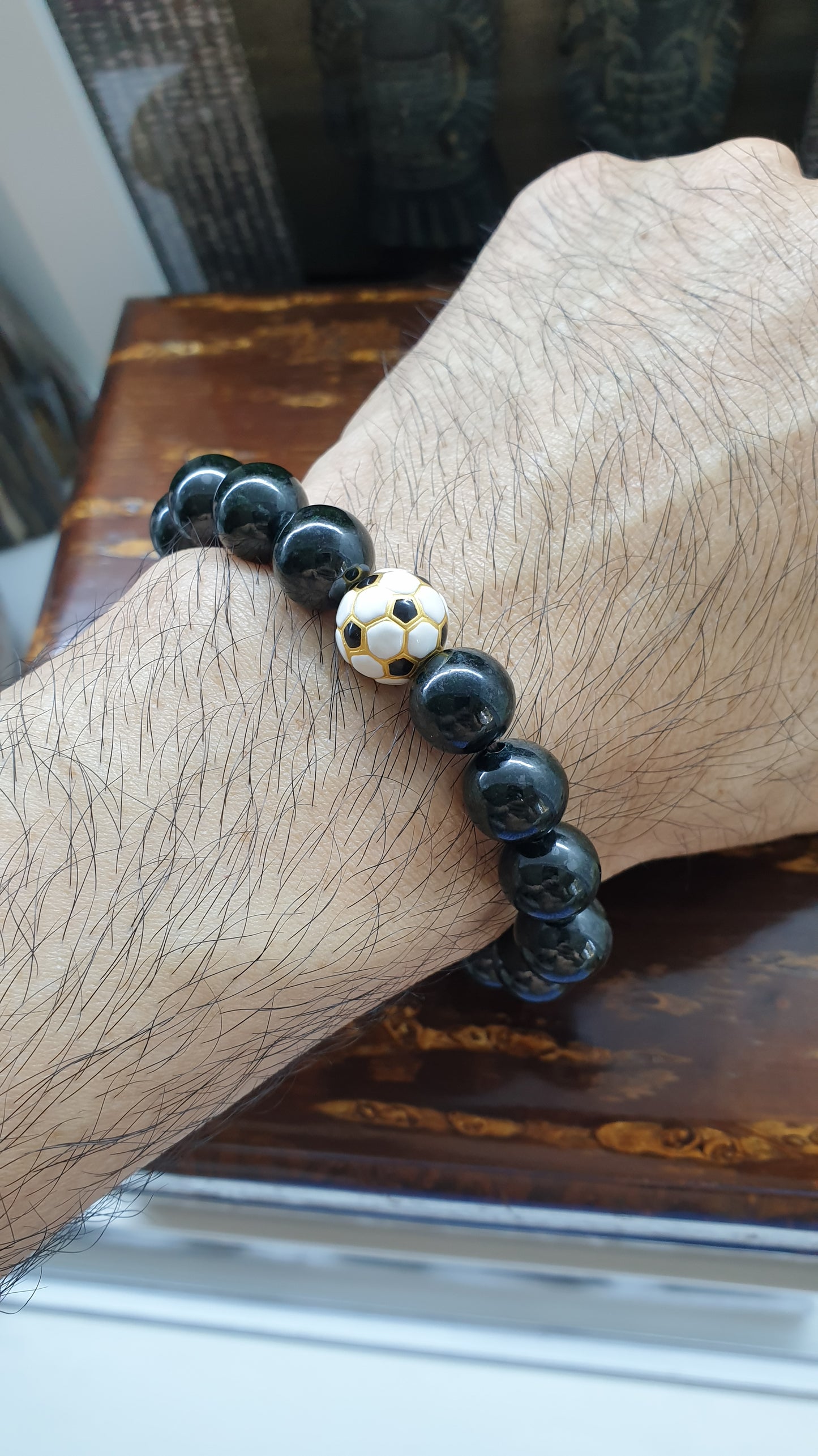 24K Gold Football on Black Jade Bracelet | Pure Gold & Fei Cui Natural Jade | Wrist Candy For Him