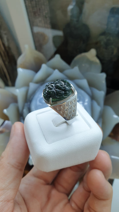 Black Jade Dragon on Sterling Silver Ring (Sizes 8 & 8.5 US) | Authentic Type A Jade | His or Hers Power Ring