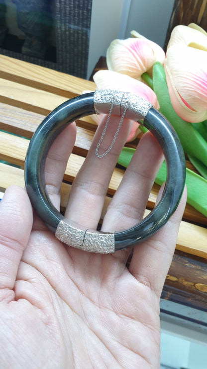 Jade Split Bangle S63 Natural Black Type A Myanmar Jadeite Sterling Silver Designer Locks