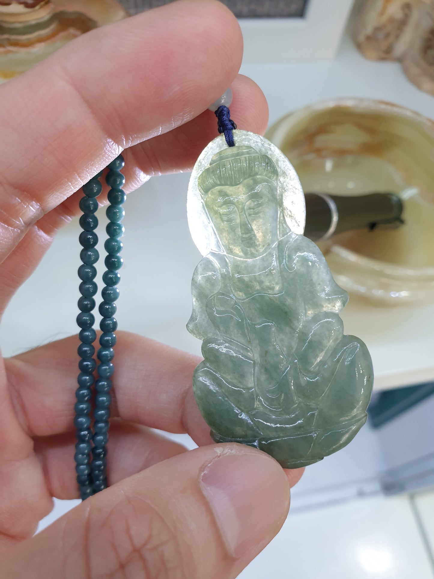 Jade Guan Yin on Blue Jade beaded Necklace (24") | Fei Cui Type A Jadeite | His or Hers Fortune Necklace