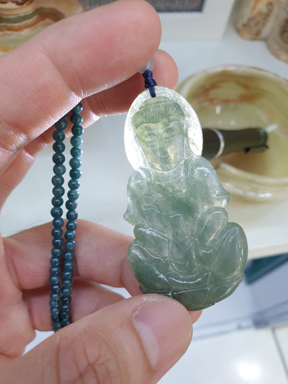 Jade Guan Yin on Blue Jade beaded Necklace (24") | Fei Cui Type A Jadeite | His or Hers Fortune Necklace