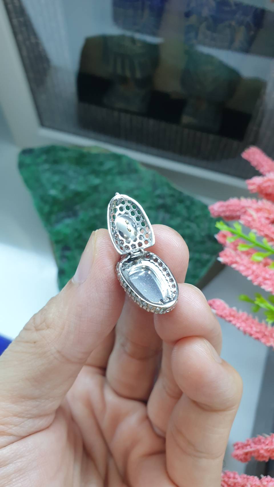 Jade Leaf Sterling Silver Locket Pendant Type A Natural Imperial Green Jadeite