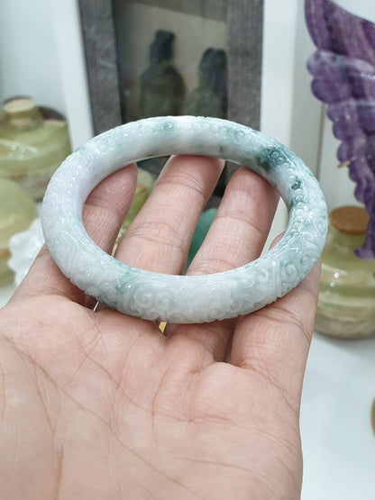 Carved Jade Floral Bangle S56 Cylindrical Type A Moss in Snow Jadeite