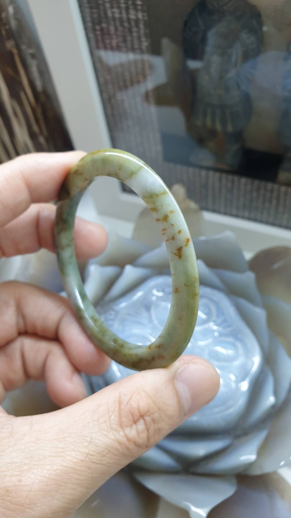 Honey Green Jade Slim Bangle S58.5 Myanmar Type A Jadeite 4.5mm Width