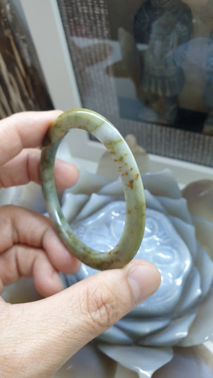 Honey Green Jade Slim Bangle S58.5 Myanmar Type A Jadeite 4.5mm Width