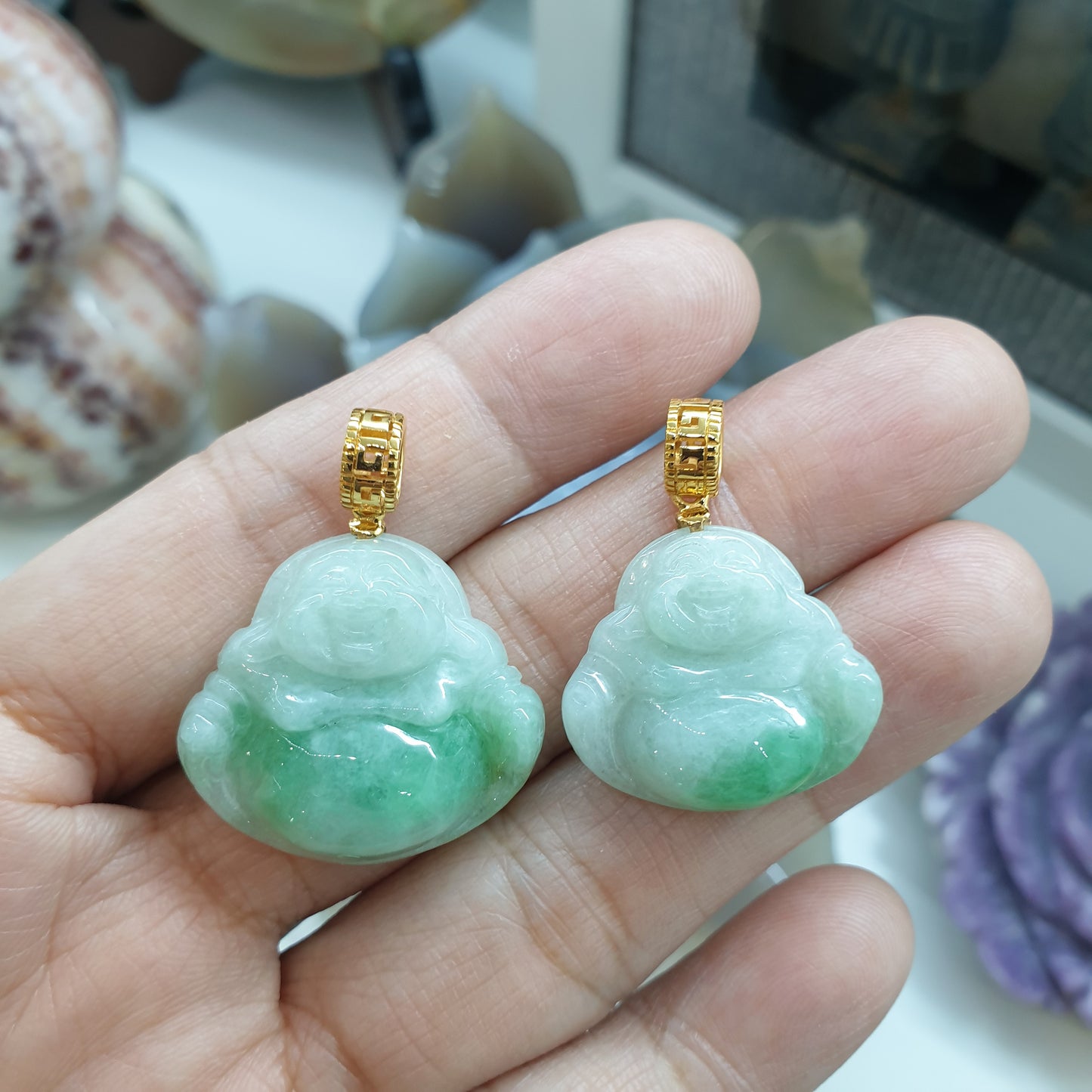 Moss in Snow Jade Happy Buddha Pendant | Solid 18K Gold | Wealth & Fortune Jewelry
