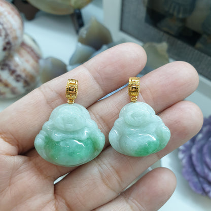 Moss in Snow Jade Happy Buddha Pendant | Solid 18K Gold | Wealth & Fortune Jewelry