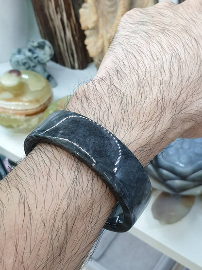 Jade Square Bangle S63 Marbled Black Gray Type A Natural Myanmar Jadeite