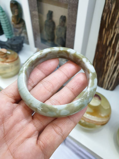 Honey Green Marbled Jade Bangle S58.5 Fei Cui Type A Myanmar Jadeite