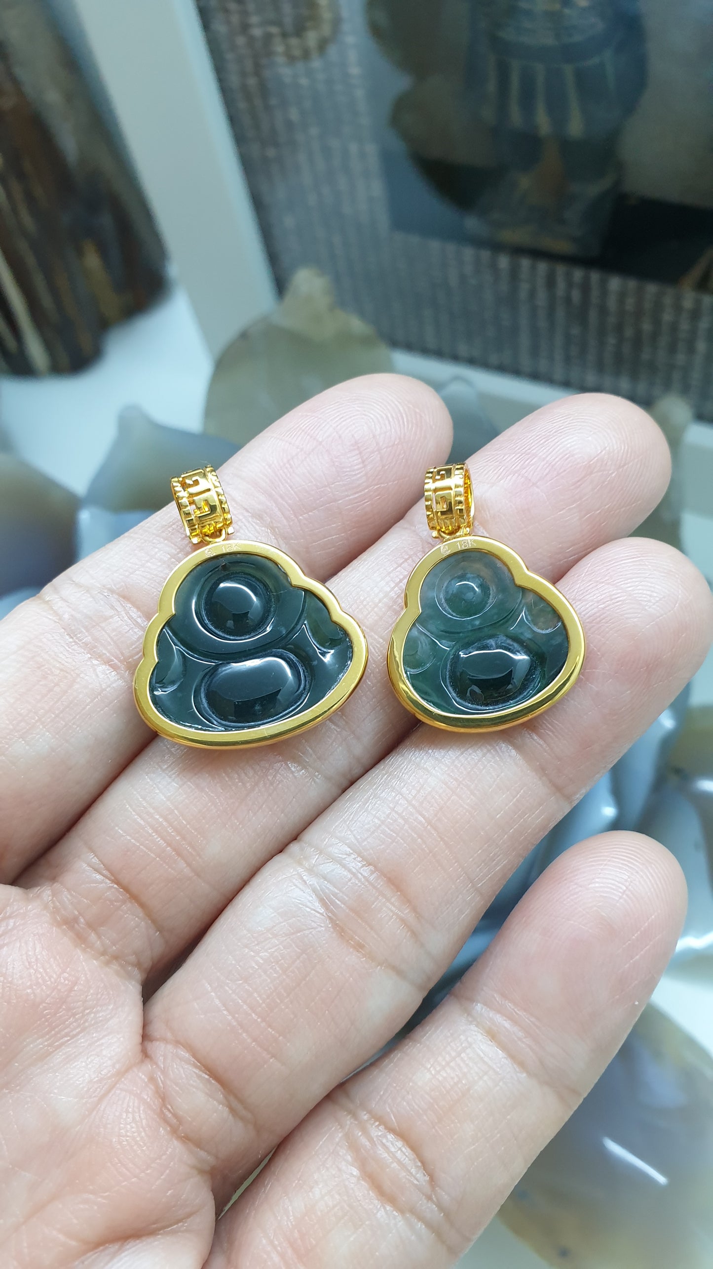 Blue Jade Happy Buddha Pendant | 18K Gold Setting | Wealth & Fortune Jewelry