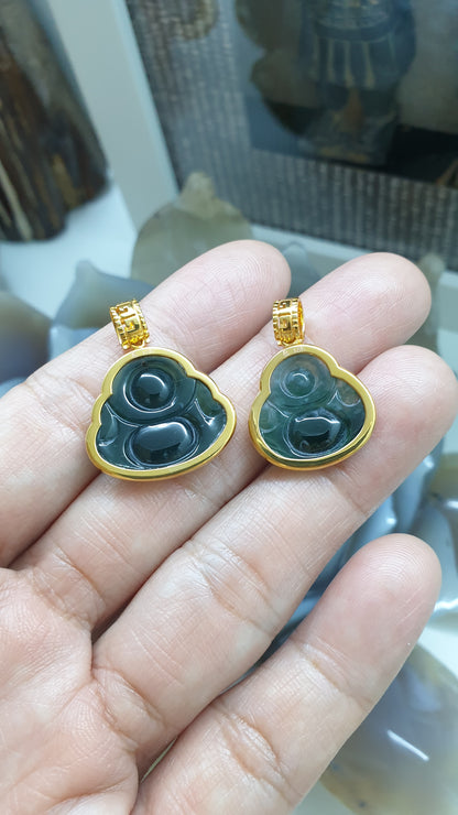 Blue Jade Happy Buddha Pendant | 18K Gold Setting | Wealth & Fortune Jewelry