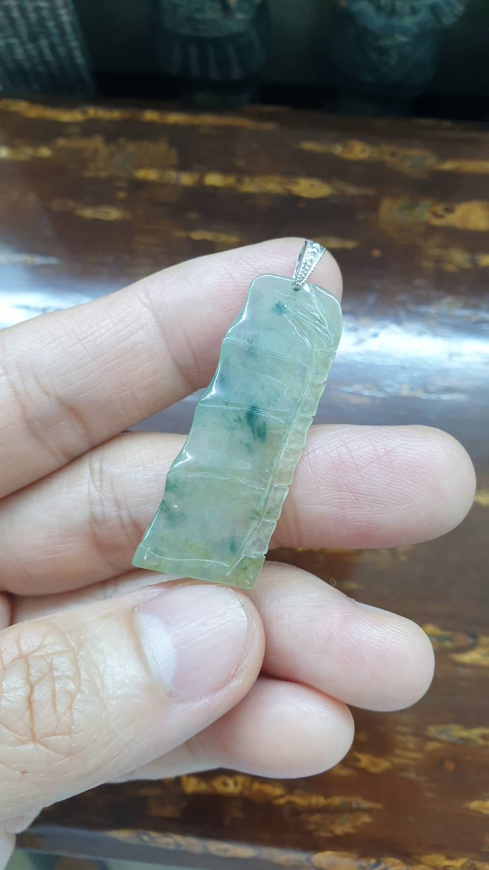 Jade Bamboo Pendant | Fei Cui - Type A Jadeite | Sterling Silver Bail