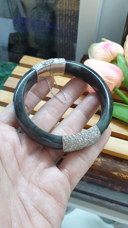 Jade Split Bangle S63 Natural Black Type A Myanmar Jadeite Sterling Silver Designer Locks