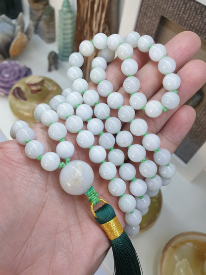 108 Beads Jade Japa Mala | White Green Jadeite Beads - Type A | Handcrafted Meditation Beads