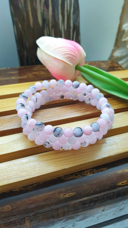 Natural Pink Opal Bracelets 17 cm - Dendritic Gemstone Beads 6.5 mm