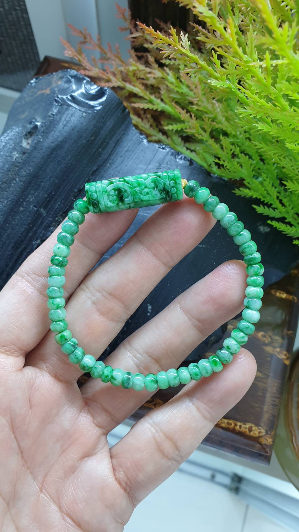 Green Jade Ru Yi Cylinder Bracelet 17cm Fei Cui Type A Jadeite Abacus Beads and Charm