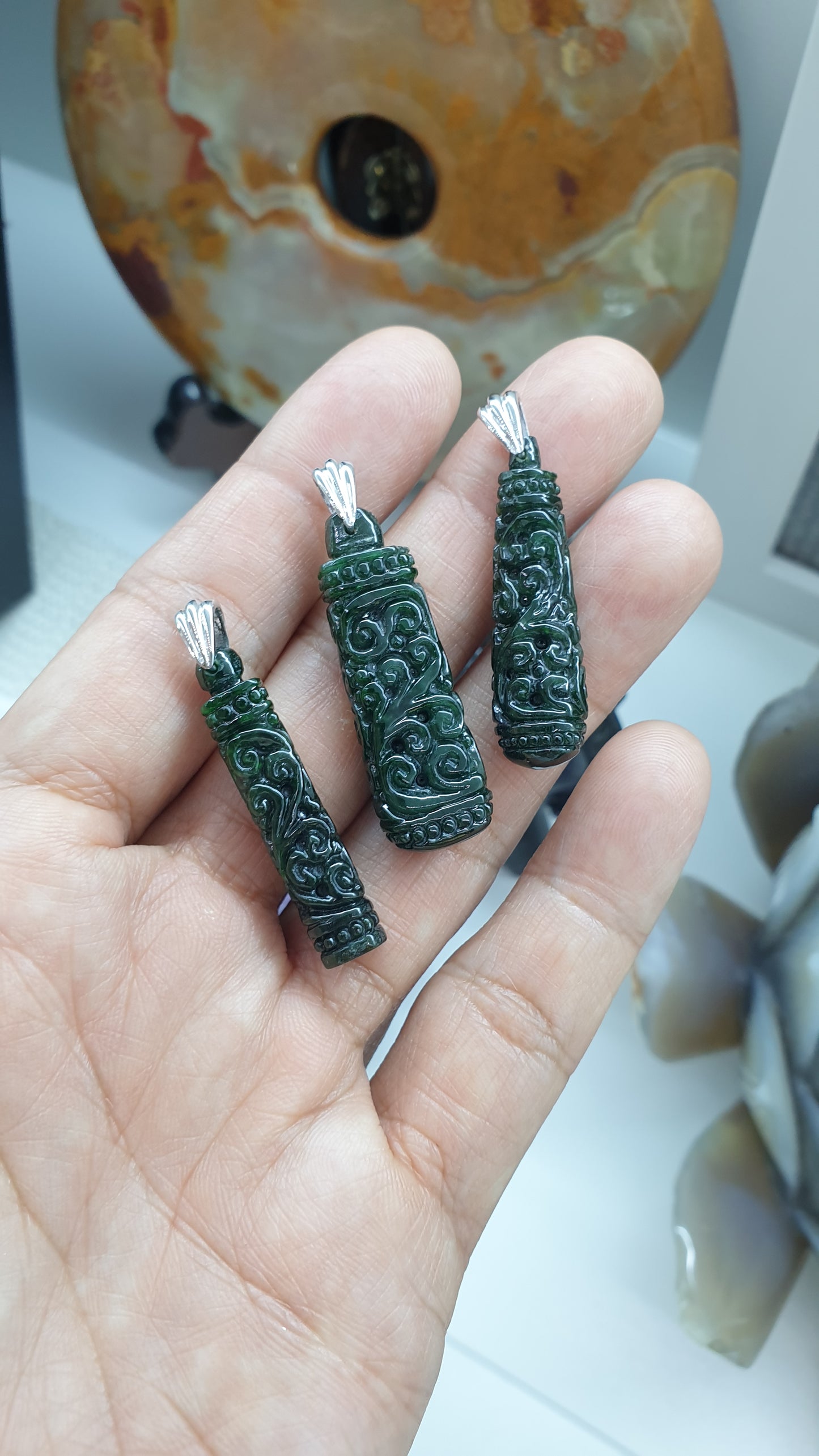 Black Jade Ru Yi Pendant (Selection) | Fei Cui - Type A Jade | Sterling Silver