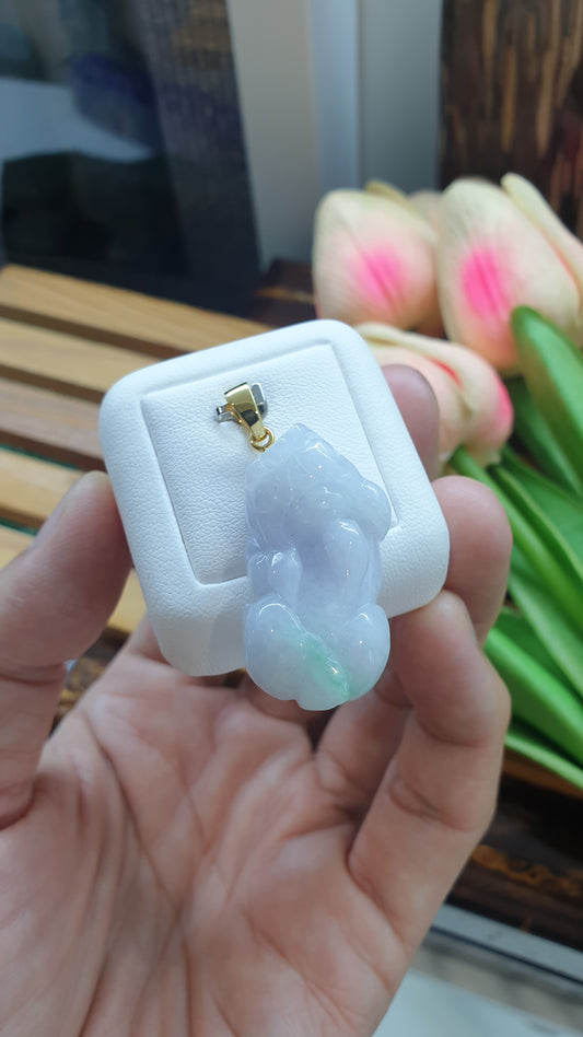 18K Gold Jade Pixiu Pendant Silky Lavender Fei Cui Myanmar Jadeite