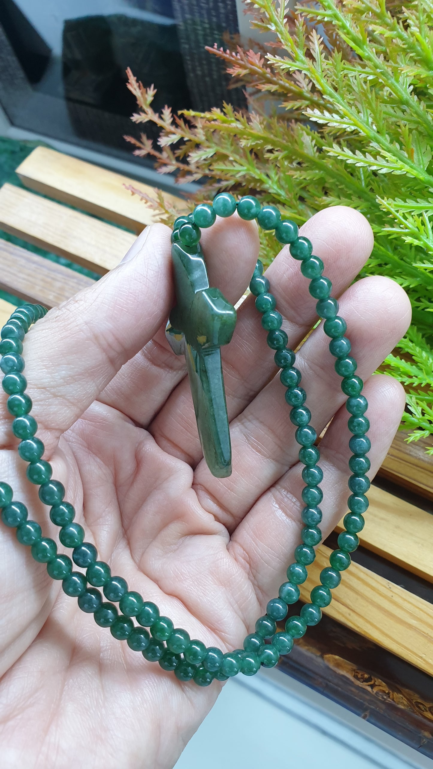 Green Jade Cross Handcrafted Necklace 24inch Fei Cui Type A Natural Jadeite