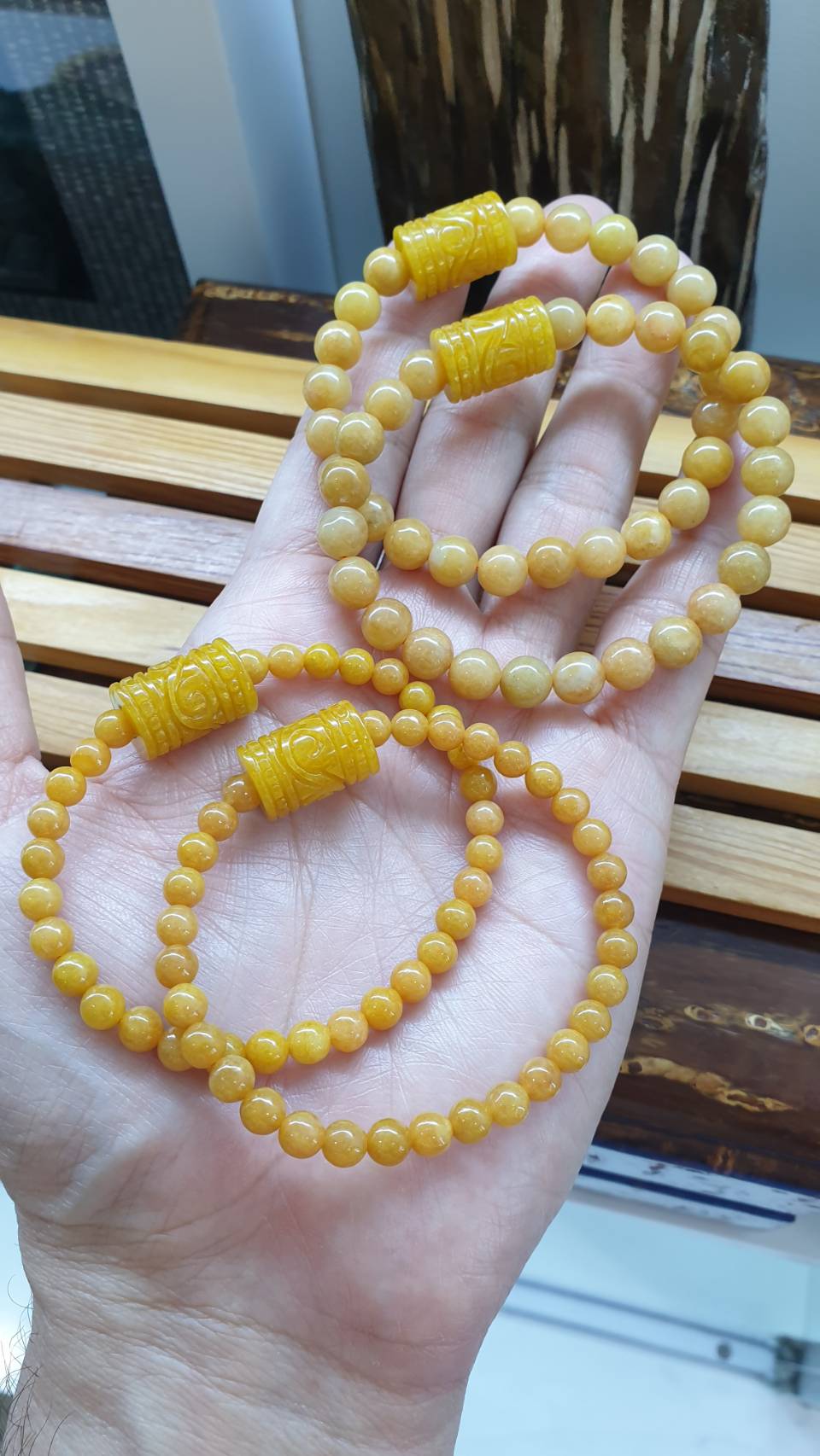 Honey Yellow Jadeite Bracelet Type A 17cm - Natural Jade Ru Yi Cylinder Charm