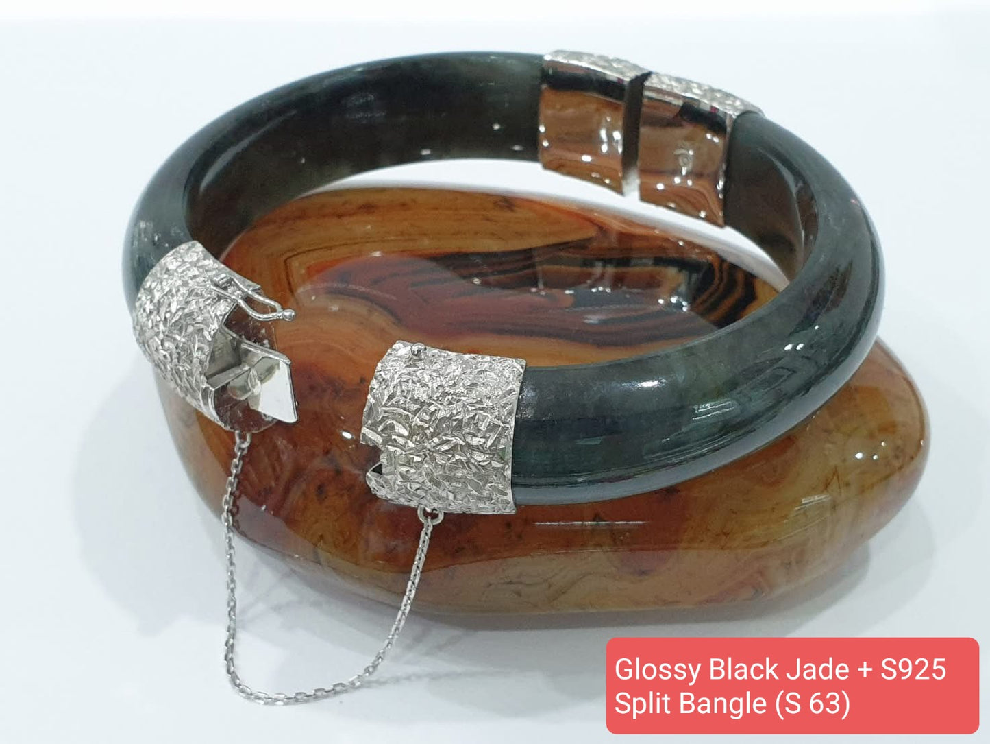 Black Jade Split Bangle (S 63) | Sterling Silver | Authentic Fei Cui Jade | Elegant Wrist Accessory for Him or Her