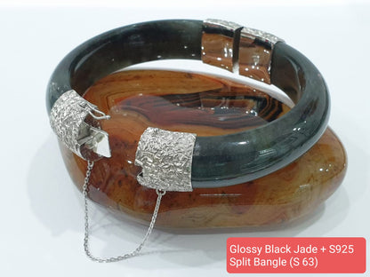 Black Jade Split Bangle (S 63) | Sterling Silver | Authentic Fei Cui Jade | Elegant Wrist Accessory for Him or Her