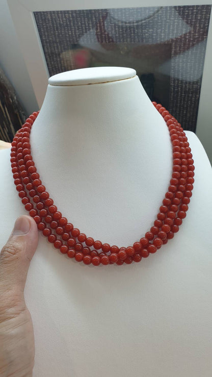 Red Jade Layered Necklace 18 inch - Natural Jadeite Beads, 22K Gold