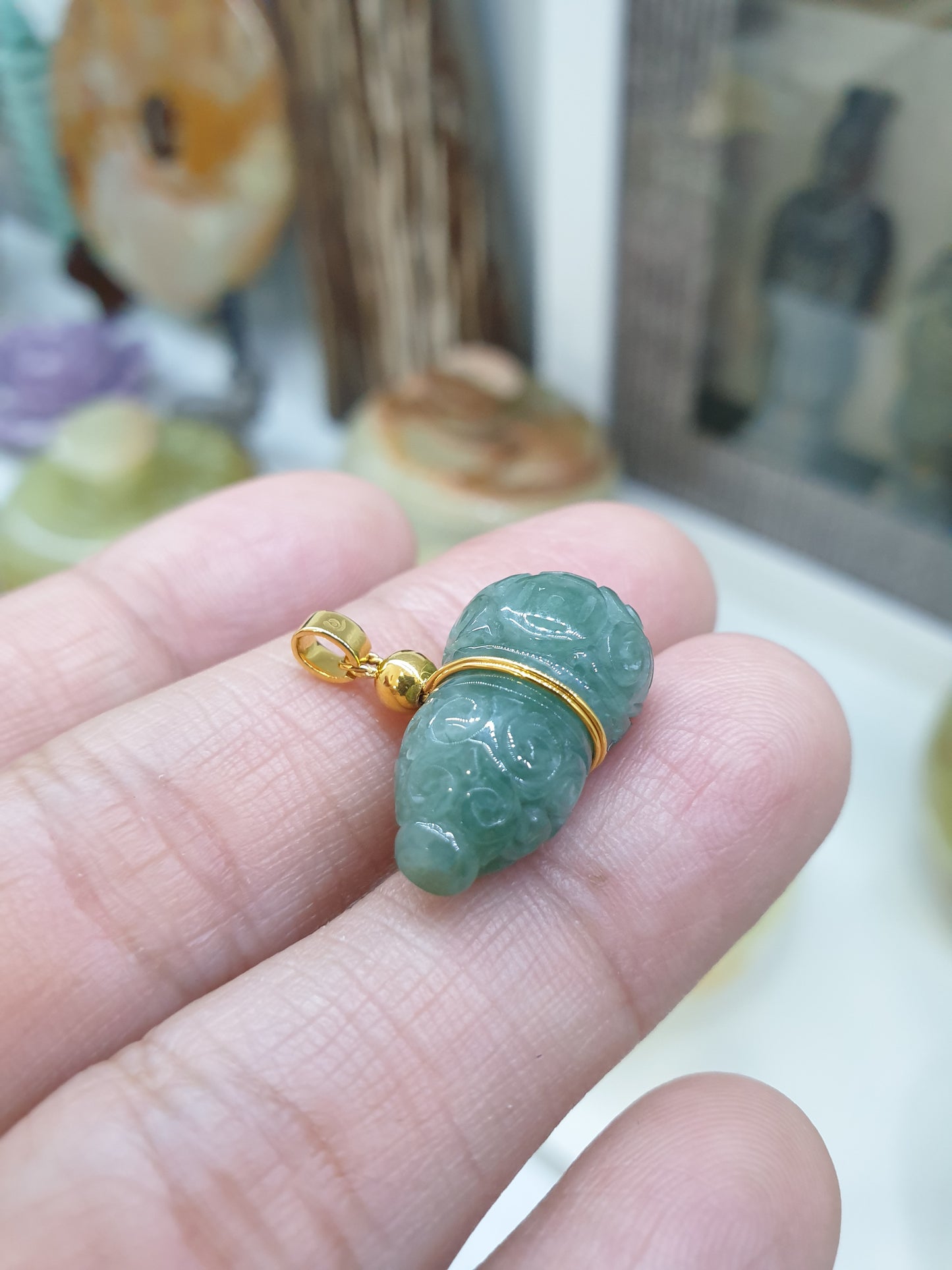 Jade Wu Lou Pendant | 9K Gold & Fei Cui - Type A Jadeite | Lucky Charm Jewelry
