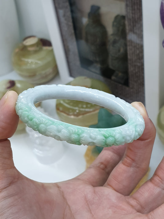Moss in Snow Jade Floral Bangle (Size 57) | Type A Natural Jadeite | Vintage Wrist Accessory