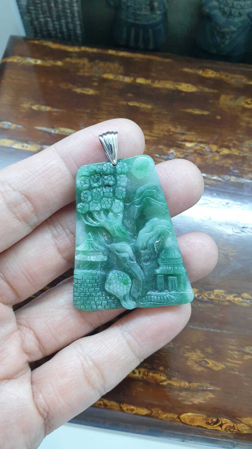 Village Scene Jade Pendant | Fei Cui - Type A Jadeite | Sterling Silver Bail