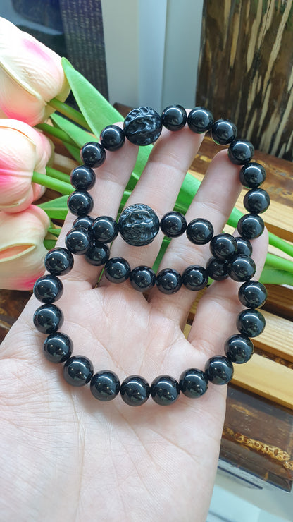 Black Jade Bodhi Wisdom Bracelet 17cm Type A Natural Burma Jadeite 10mm Beads