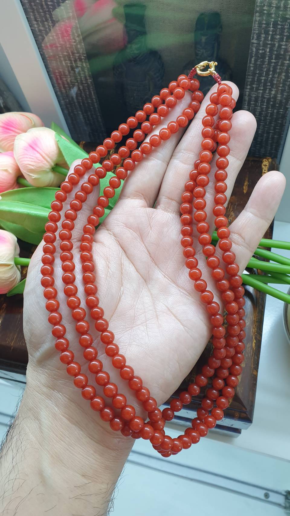 Red Jade Layered Necklace 18 inch - Natural Jadeite Beads, 22K Gold