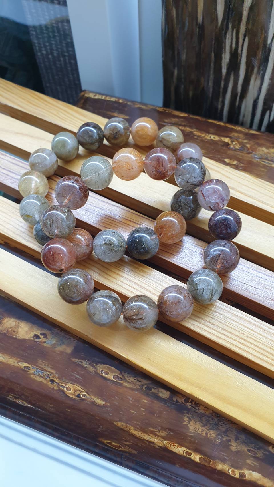 Rutilated Quartz Multicolor Bracelet 17 cm, Natural Gem Beads 13.5 mm